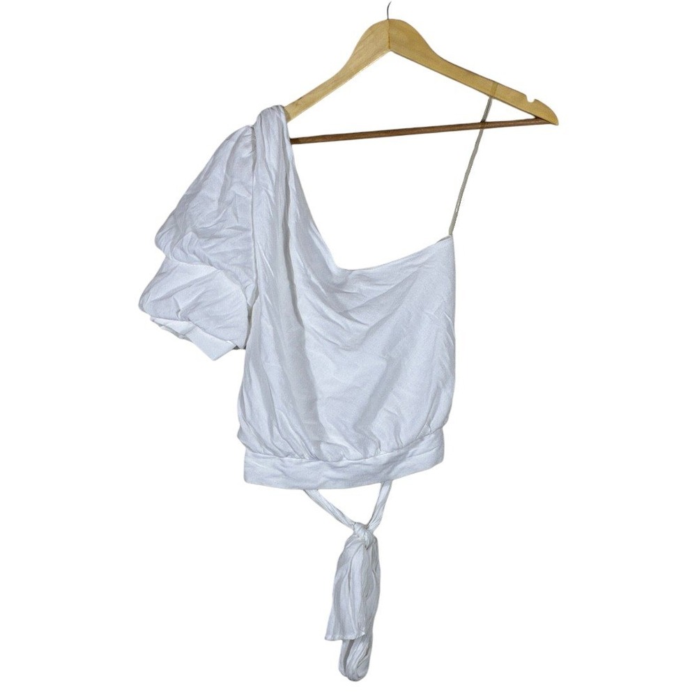 Do+Be One Shoulder Puff Sleeve Solid Crop Top Whi… - image 1